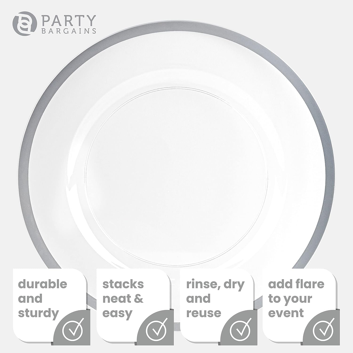 PARTY BARGAINS 13-Inch Charger Plates - 96 Pack, Clear Gold Rim, Heavy-Duty Disposable Chargers for Elegant Dining - Ideal for Weddings and Formal Events