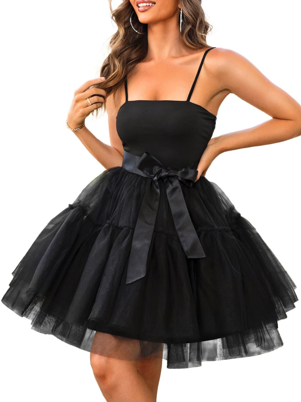 Kaei&Shi Poofy Short Tulle Dress,Spaghetti Strap Semi Formal Dresses for Women,Elegant Birthday Outfit Homecoming Cocktail