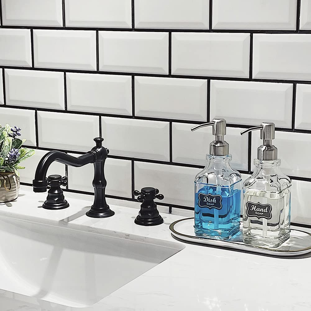 JASAI Antique Design Soap Dispenser with Rust Proof 304 Stainless Steel Pump, Refillable Glass Soap Dispenser with 10Pcs Clear Stickers, Premium Kitchen & Bathroom Soap Dispenser