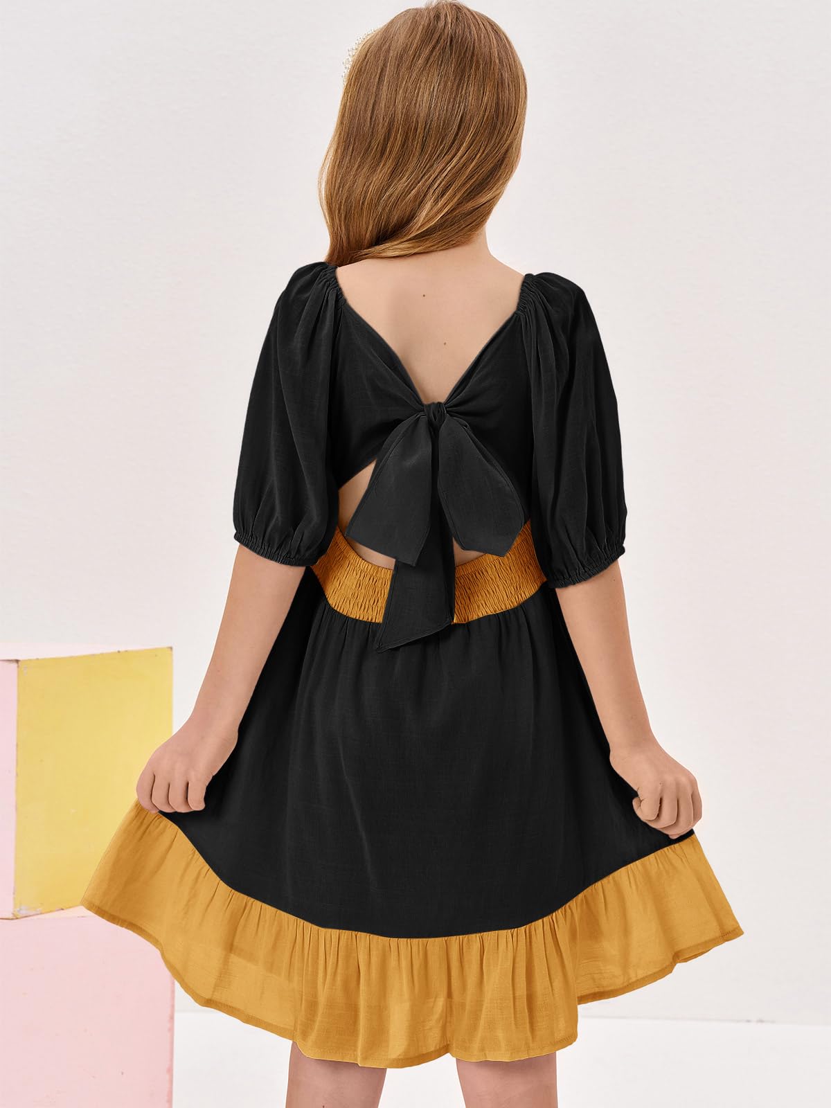 Girls Summer Dresses Square Neck Lantern Sleeve Tie Backless Ruffle A-Line Party Mini Dress
