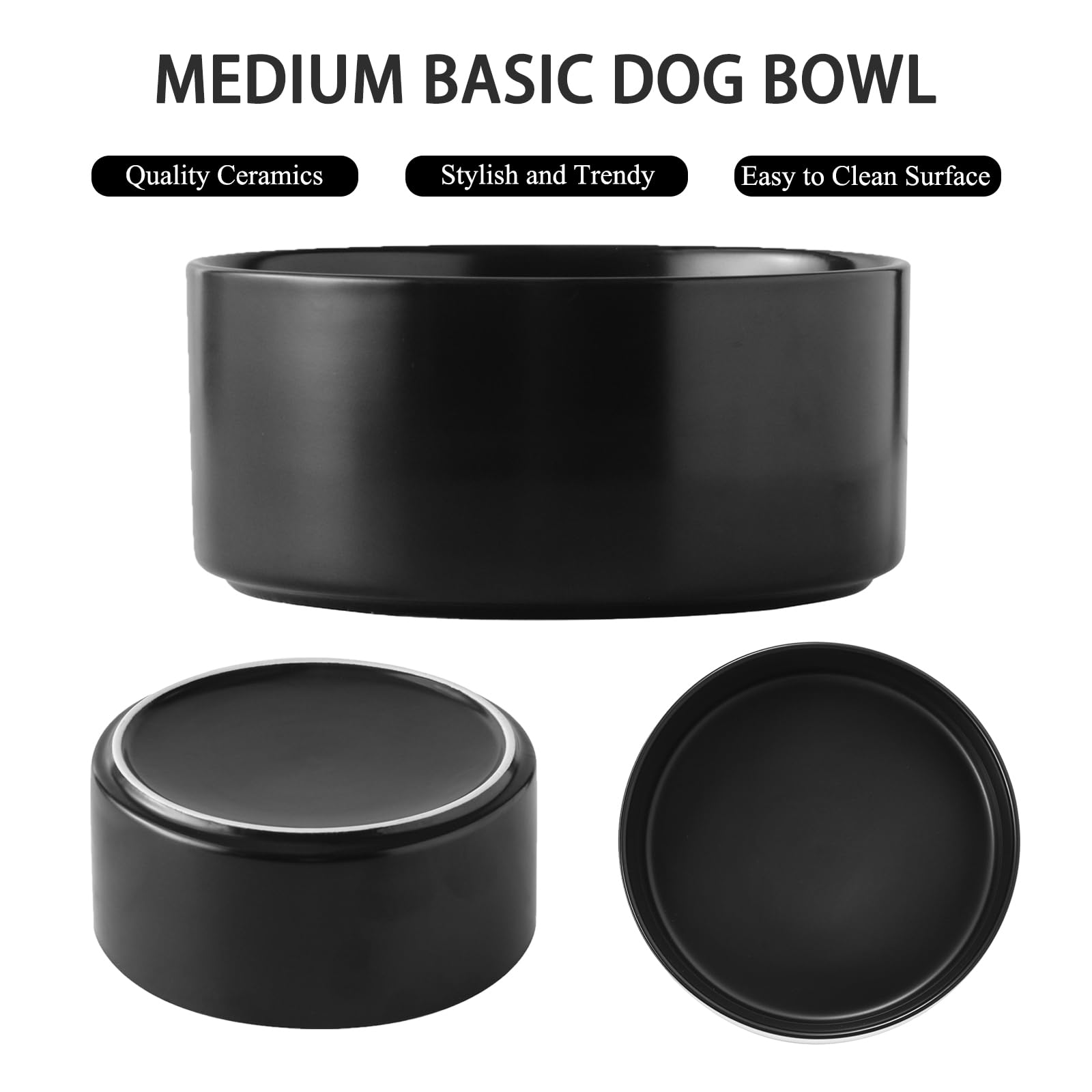 6'' Ceramic Raised Dog Bowl - 30Oz Dog Food & Water Bowl with Elevated Non-Slip Bamboo Stand, Dishwasher & Microwave Safe, Anti Vomiting Heavy Duty Pet Bowl for Small and Medium Dogs, Black