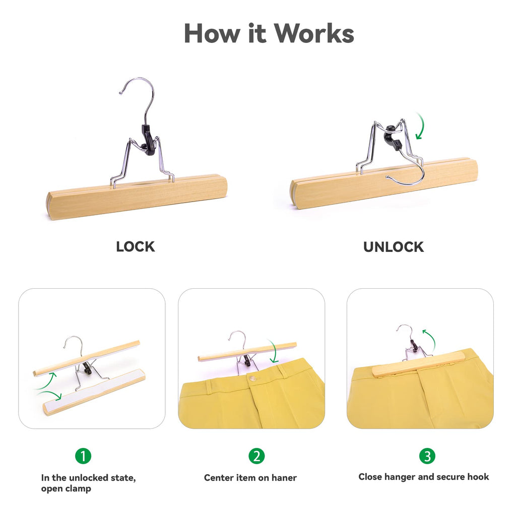 Nature Smile Wooden Pants Skirt Hangers, Smooth Finish Solid Wood Non Slip Jeans Slack Clamp Hangers Hair Extension Hangers (10 Pack Cherry)…