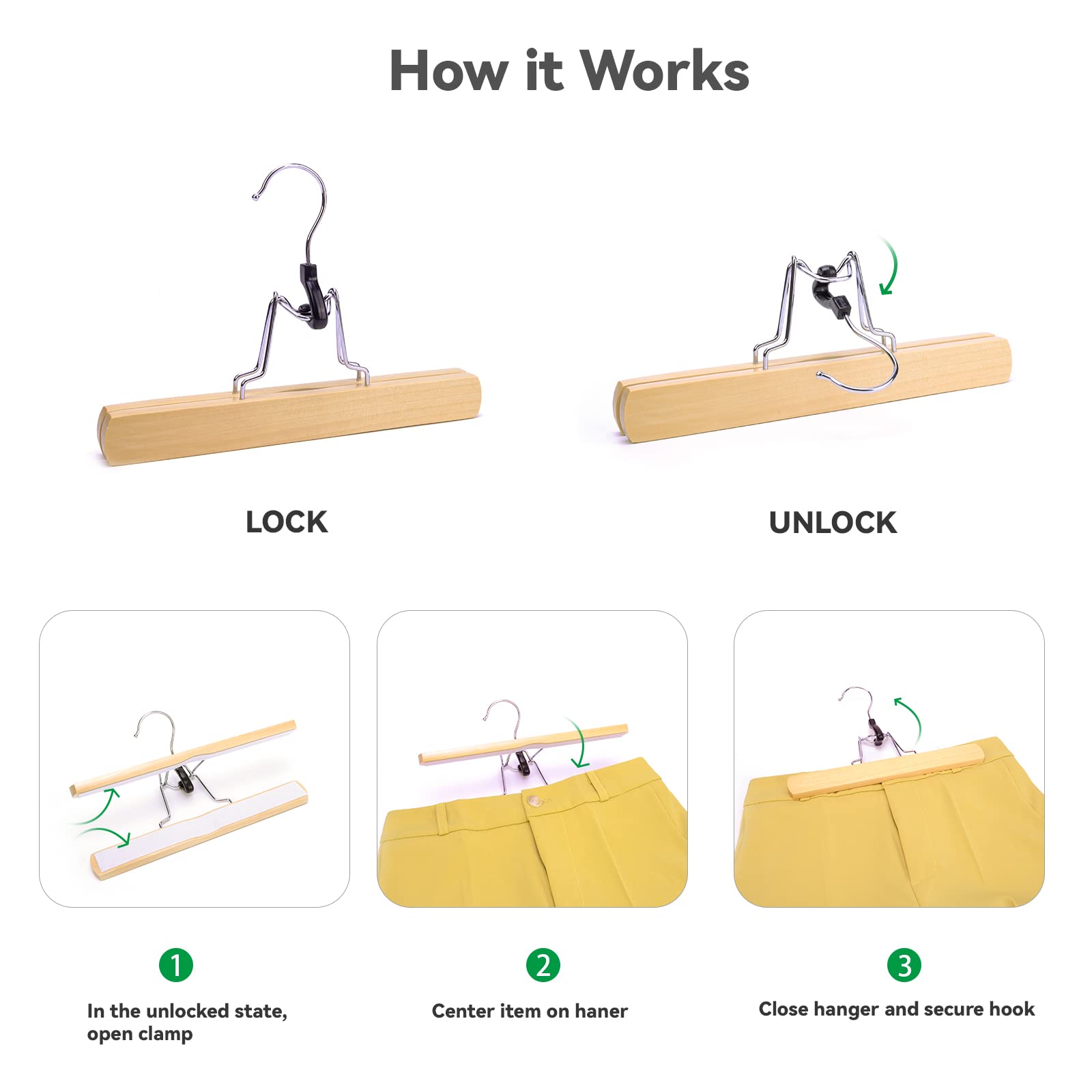 Nature Smile Wooden Pants Skirt Hangers, Smooth Finish Solid Wood Non Slip Jeans Slack Clamp Hangers Hair Extension Hangers (10 Pack Cherry)…
