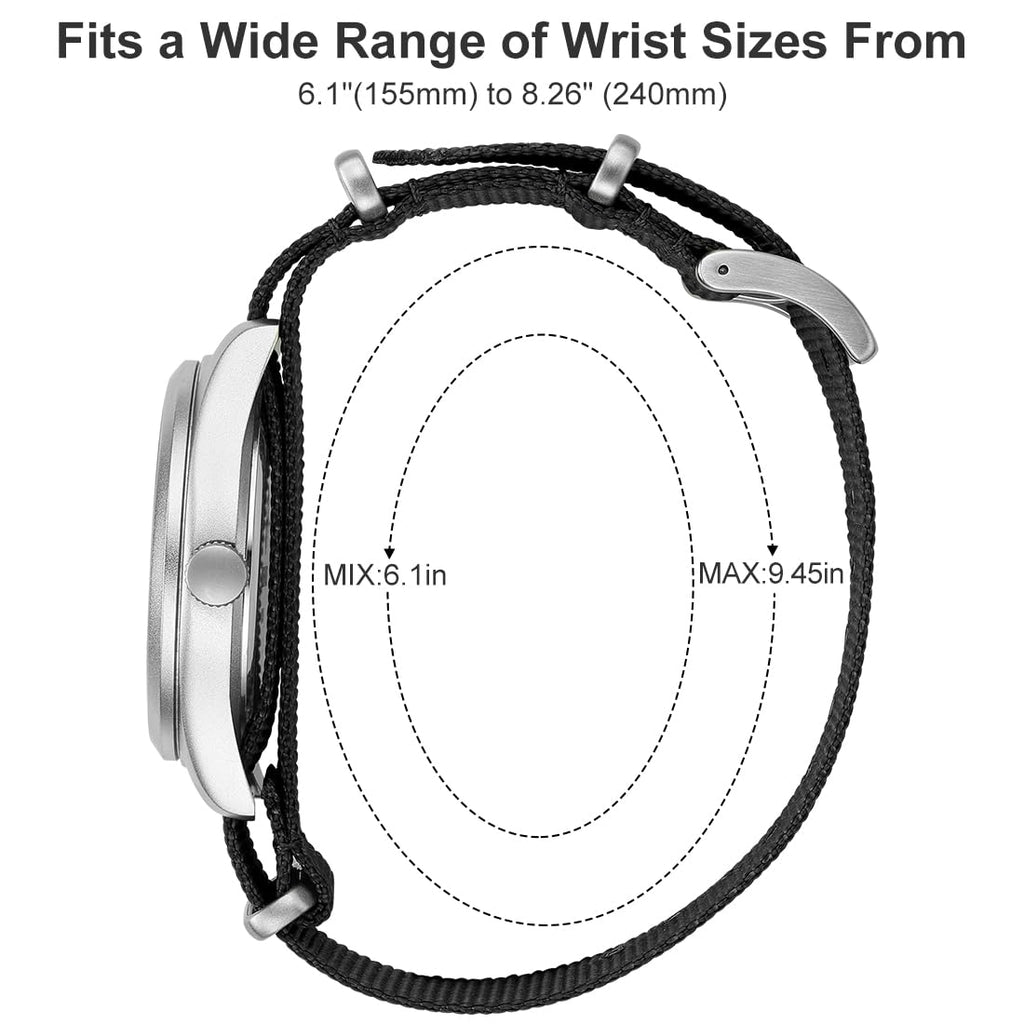 GOLDEN HOUR Men's Nylon Slip-Thru Strap Watch with Military Time Easy Read Dial Glowing Hands