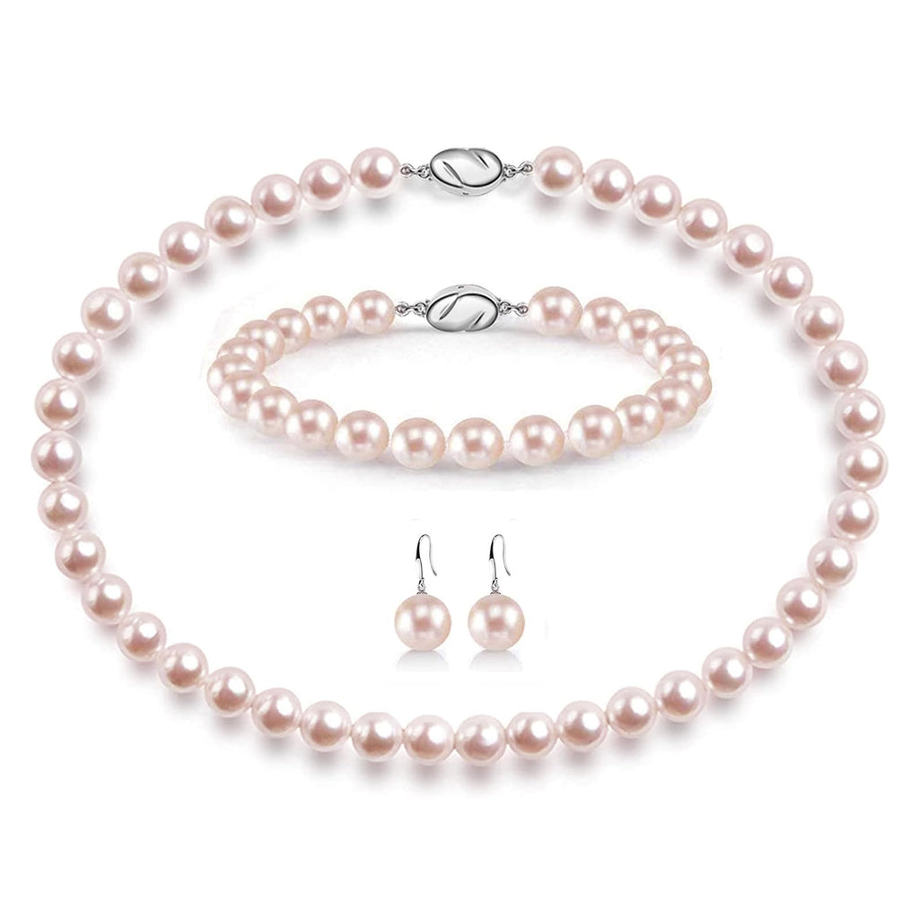 AOOVOO Pearl Necklace Set for Women, 8mm Round Shell Pearl Includes Stunning Bracelet and Dangle Earrings 3 Piece Jewelry, Birthday Christmas Gift for Mom Wife Sister Best Friend, Gift Box