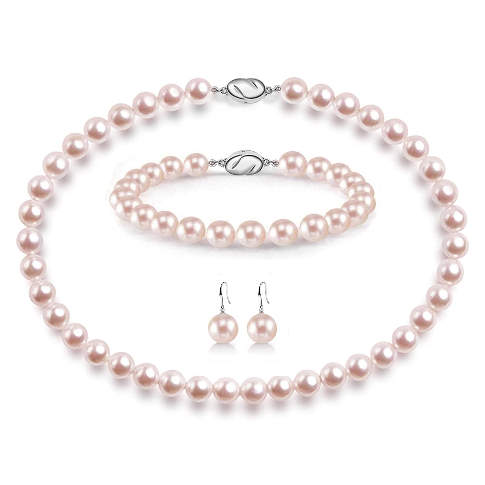 AOOVOO Pearl Necklace Set for Women, 8mm Round Shell Pearl Includes Stunning Bracelet and Dangle Earrings 3 Piece Jewelry, Birthday Christmas Gift for Mom Wife Sister Best Friend, Gift Box