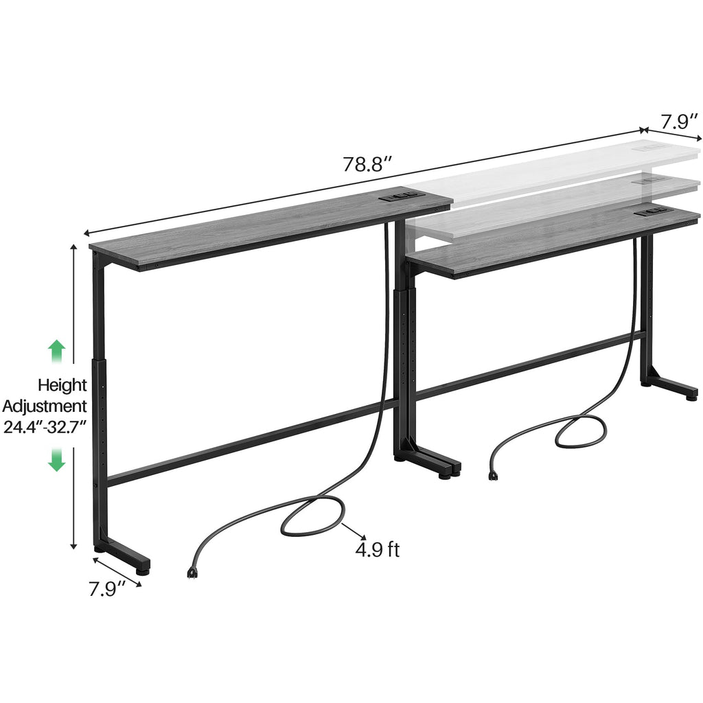 Kitstorack Narrow Sofa Table with Charging Station, 78.8" Behind Couch Table, Adjustable 24.4"-32.7" Height, Modular 2-piece Design for sectionals, entryways, Apartments, and Narrow Living Spaces
