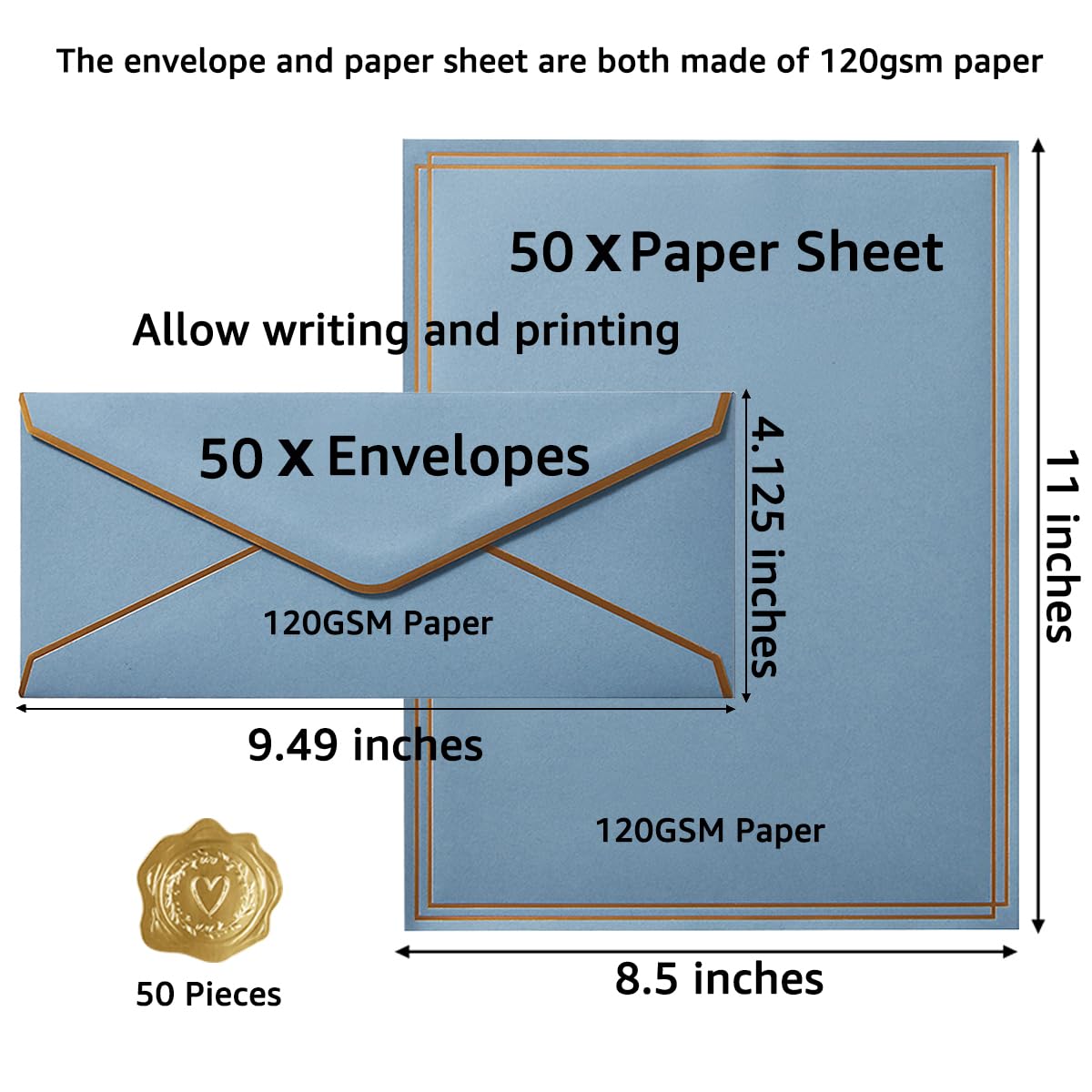 50 Pack Stationery Set with Envelopes, Cream Color, 8.5x11 Inches | Gold Border, #10 Business Envelopes and 8.5x11 Paper Sheets, Stickers for Letter Writing, Invitations