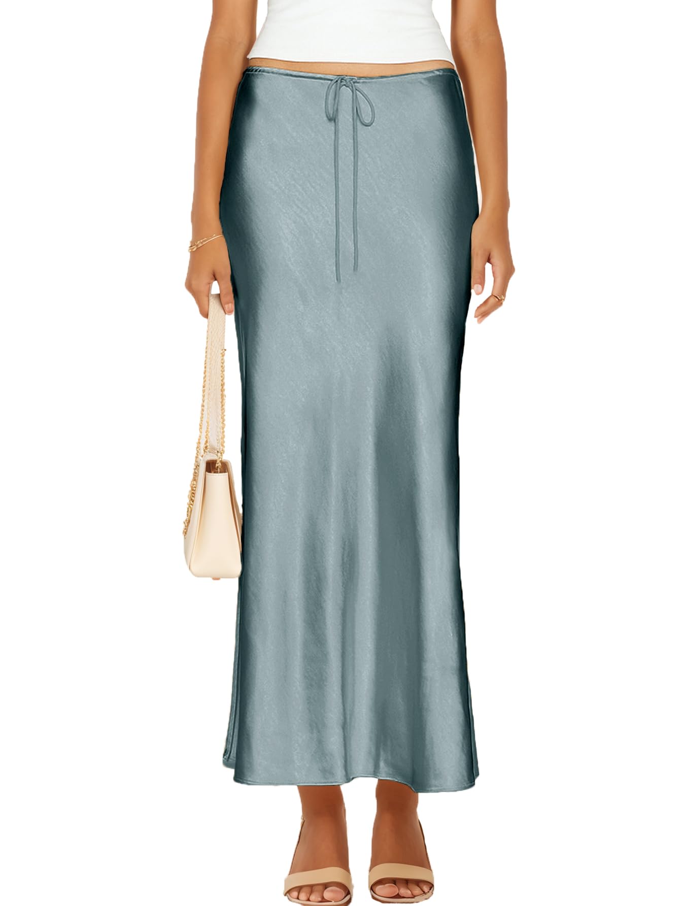 Womens Satin Silk Maxi Skirts Drawstring Flared Casual A-Line Long Skirt for Women