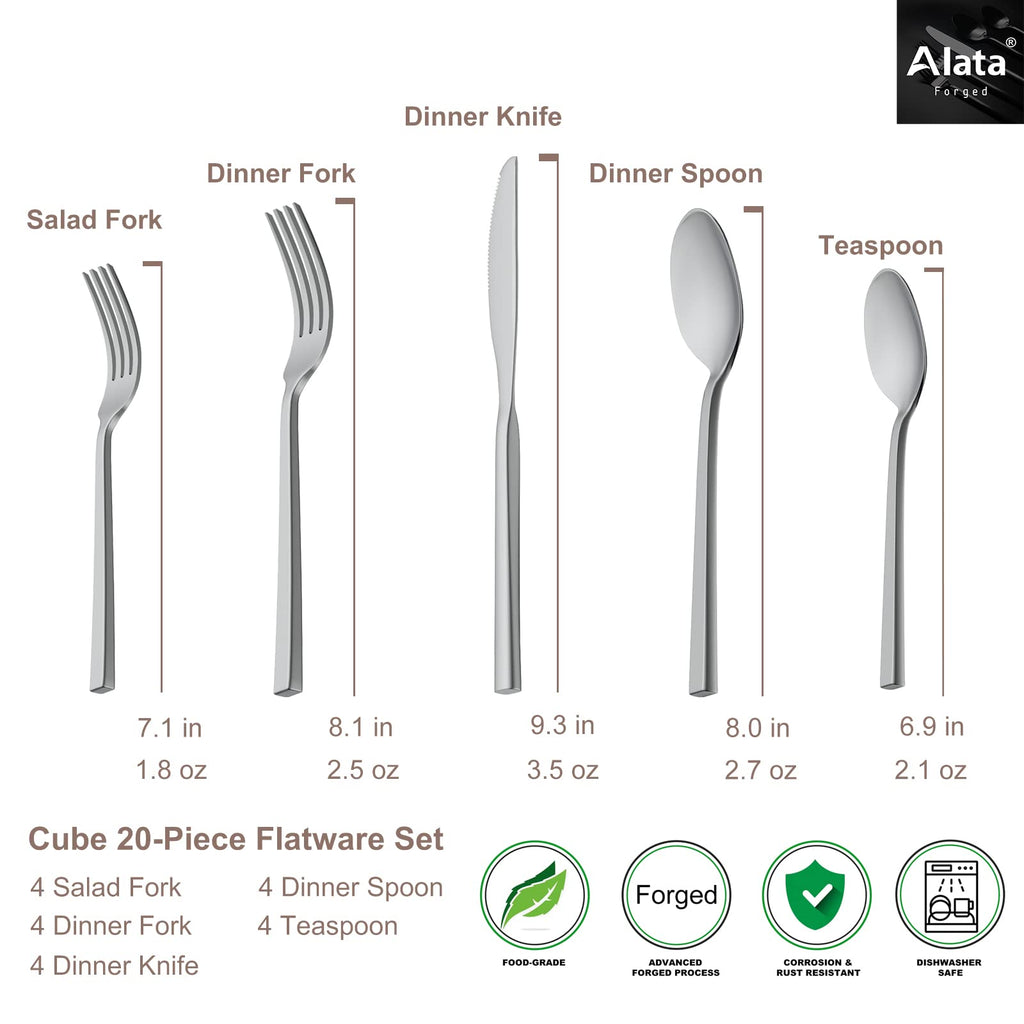 Alata Cube Black 20-Piece Forged Silverware Set Stainless Steel Flatware Set,Service for 4,Matte Satin Polished Cutlery Set,Dishwasher Safe