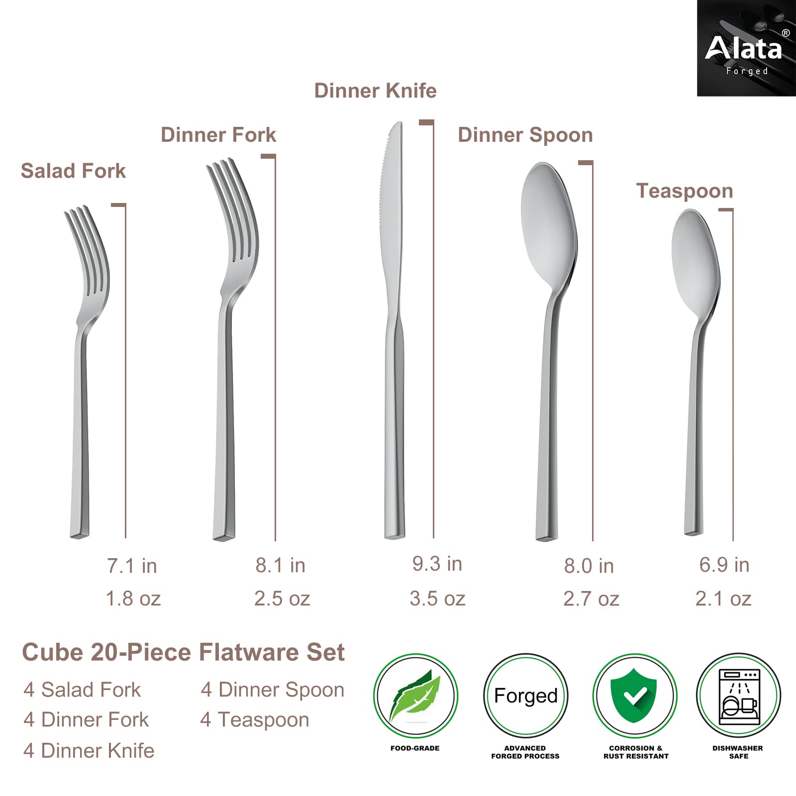 Alata Cube Black 20-Piece Forged Silverware Set Stainless Steel Flatware Set,Service for 4,Matte Satin Polished Cutlery Set,Dishwasher Safe