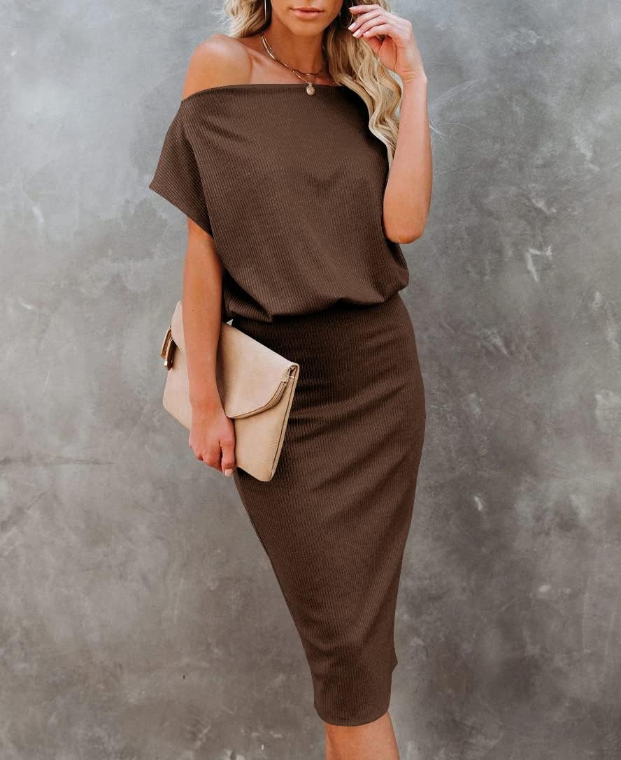EZBELLE Women's Summer Dress Off The Shoulder Short Sleeve Ribbed Casual Party Bodycon Midi Dresses