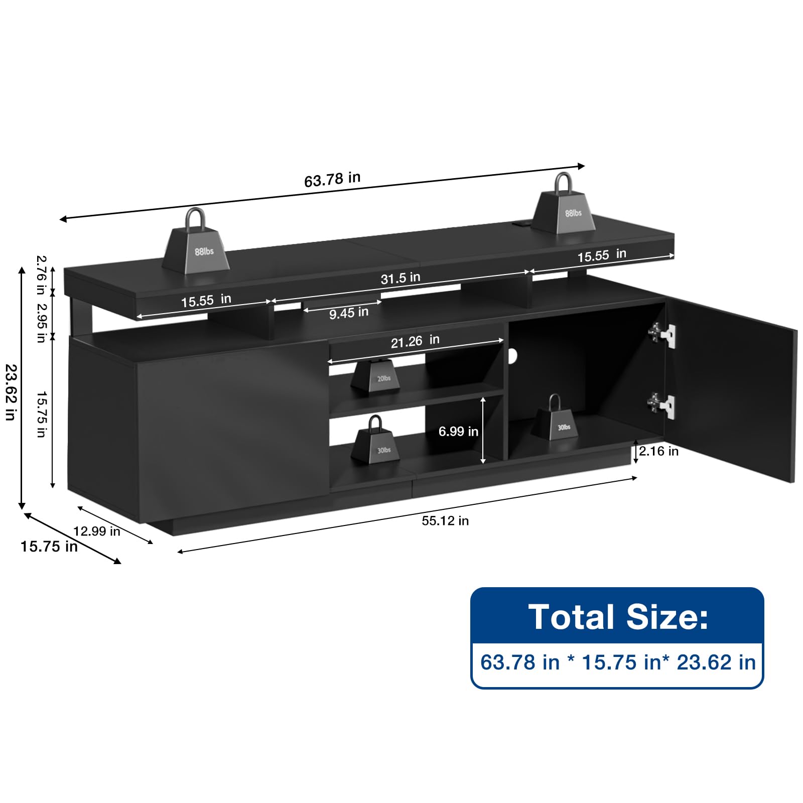 HOMMPA Modern LED TV Stand for 55 Inch TV, Black Tall TV Console with Power Outlet, Entertainment Center with Storage, High Gloss Gaming Media Console Cabinet for Living Room (47 Inch)