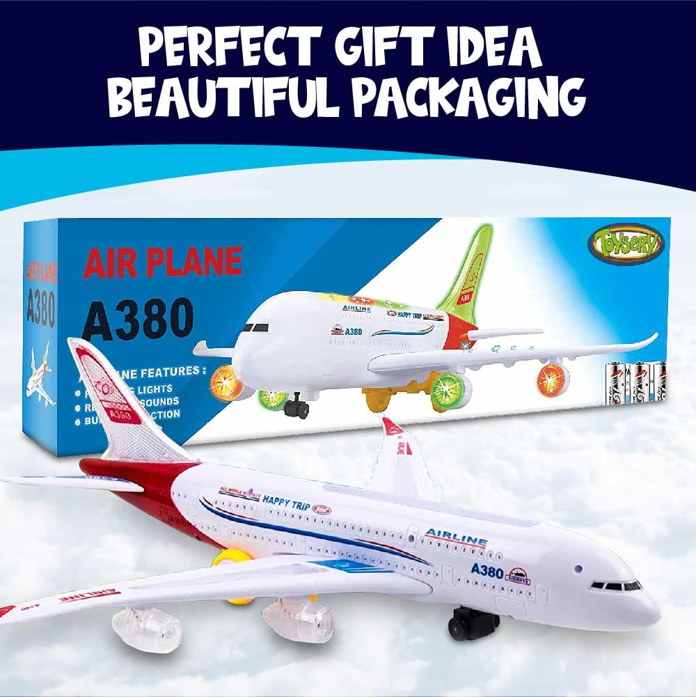 Toysery Airbus A380 Toy Airplane for Kids, Large Bump and Go Airplane Toy with LED Lights, Real Sounds & Propeller, Battery Powered Electric Plane Toy for Toddlers Boys & Girls Ages 3-12