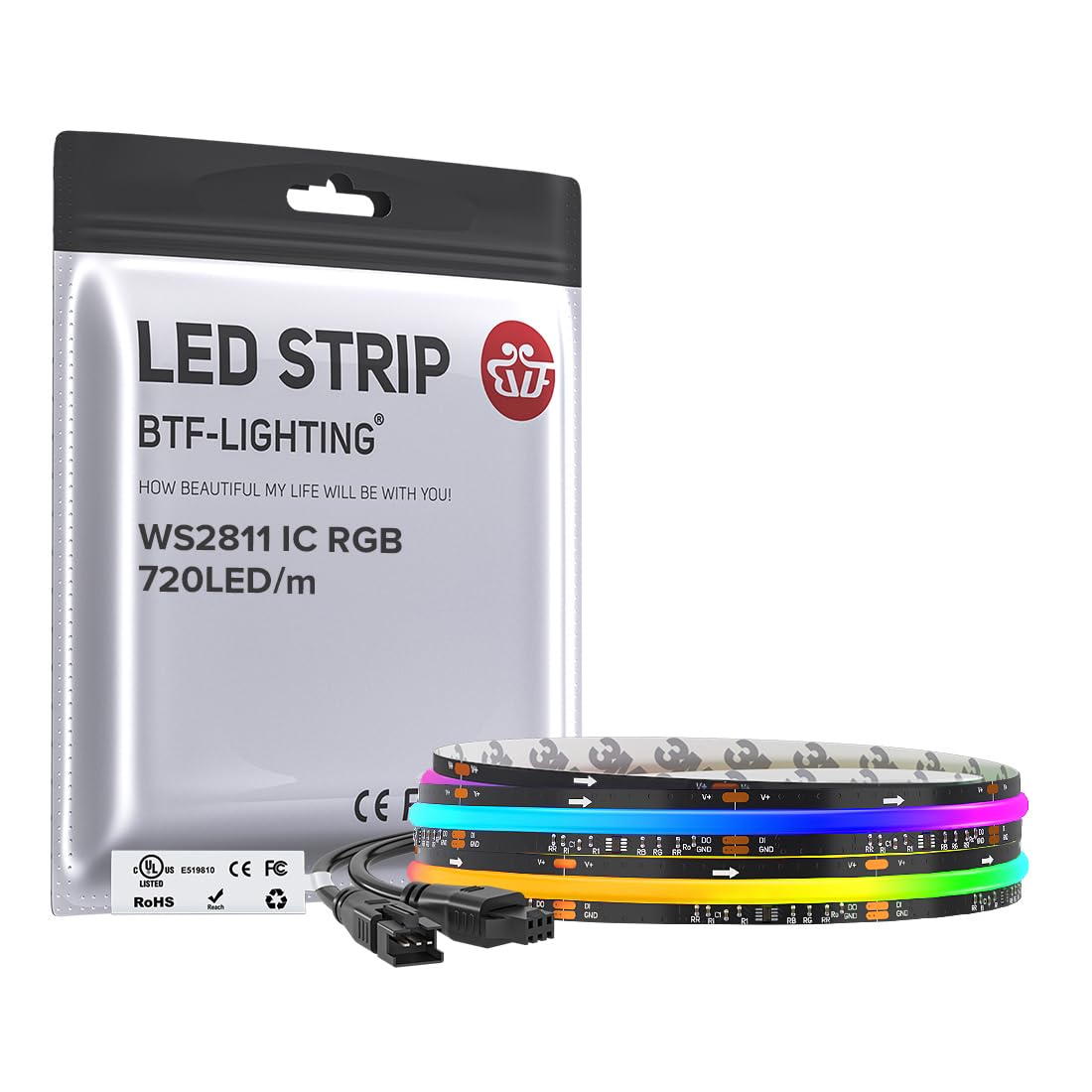 BTF-LIGHTING WS2811 Smart IC RGB FCOB COB LED Strip, UL Listed 630LEDs/m High Density Color Chasing Uniform Light, DC12V 12FT 10mm Width Tape Light for Home Party DIY Decor(No Adapter or Controller)
