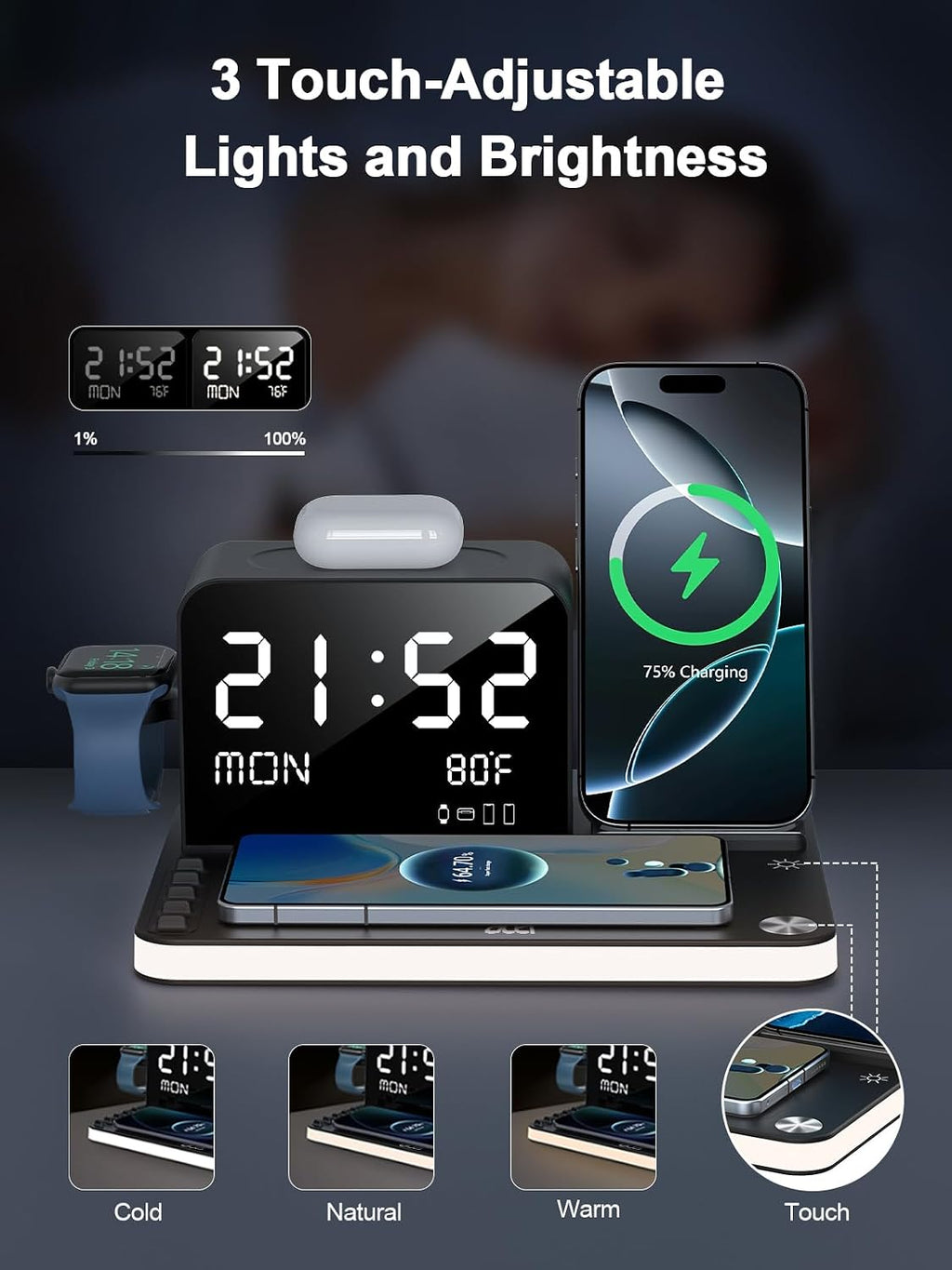 7 in 1 Wireless Charging Station for Apple Device Wireless Charger with Night Light Bluetooth TimeSync Temperature 33W Fast Charger for iPhone 17/16/15/14/13 Pro Max Android Phone Airpods Apple Watch