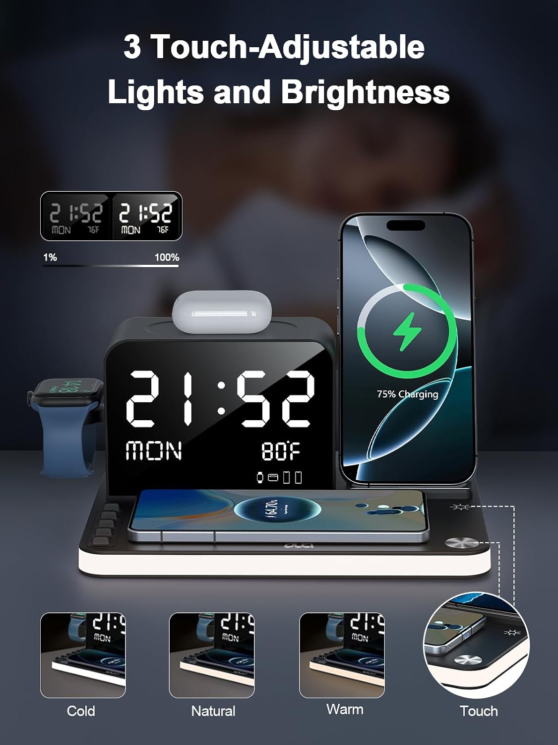 7 in 1 Wireless Charging Station for Apple Device Wireless Charger with Night Light Bluetooth TimeSync Temperature 33W Fast Charger for iPhone 17/16/15/14/13 Pro Max Android Phone Airpods Apple Watch