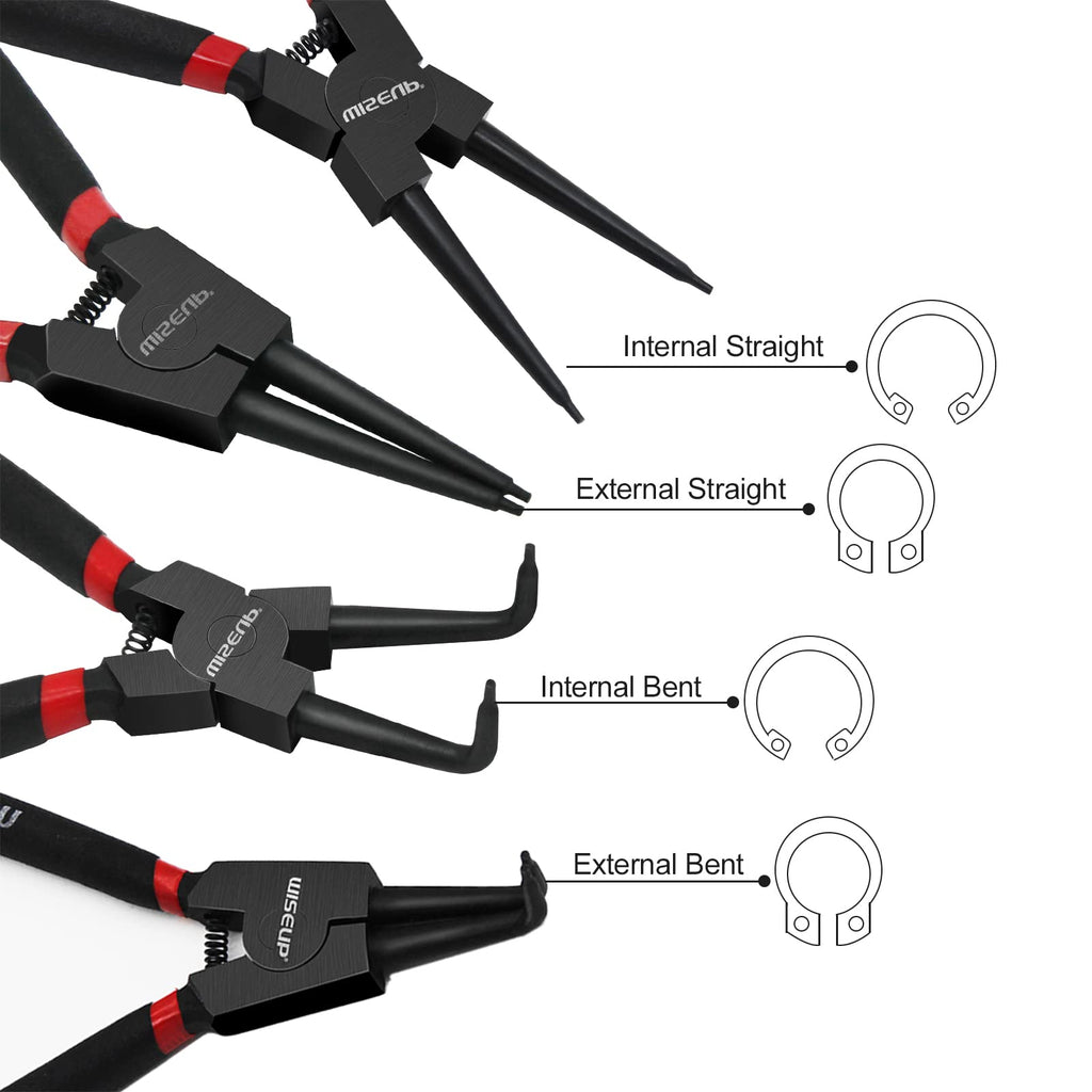 WISEUP Snap Ring Pliers Set, Heavy Duty 4PCS-7 inch Internal/External Circlip Pliers Kit, Straight/Bent Jaw Tips for C-Clip Ring Remover