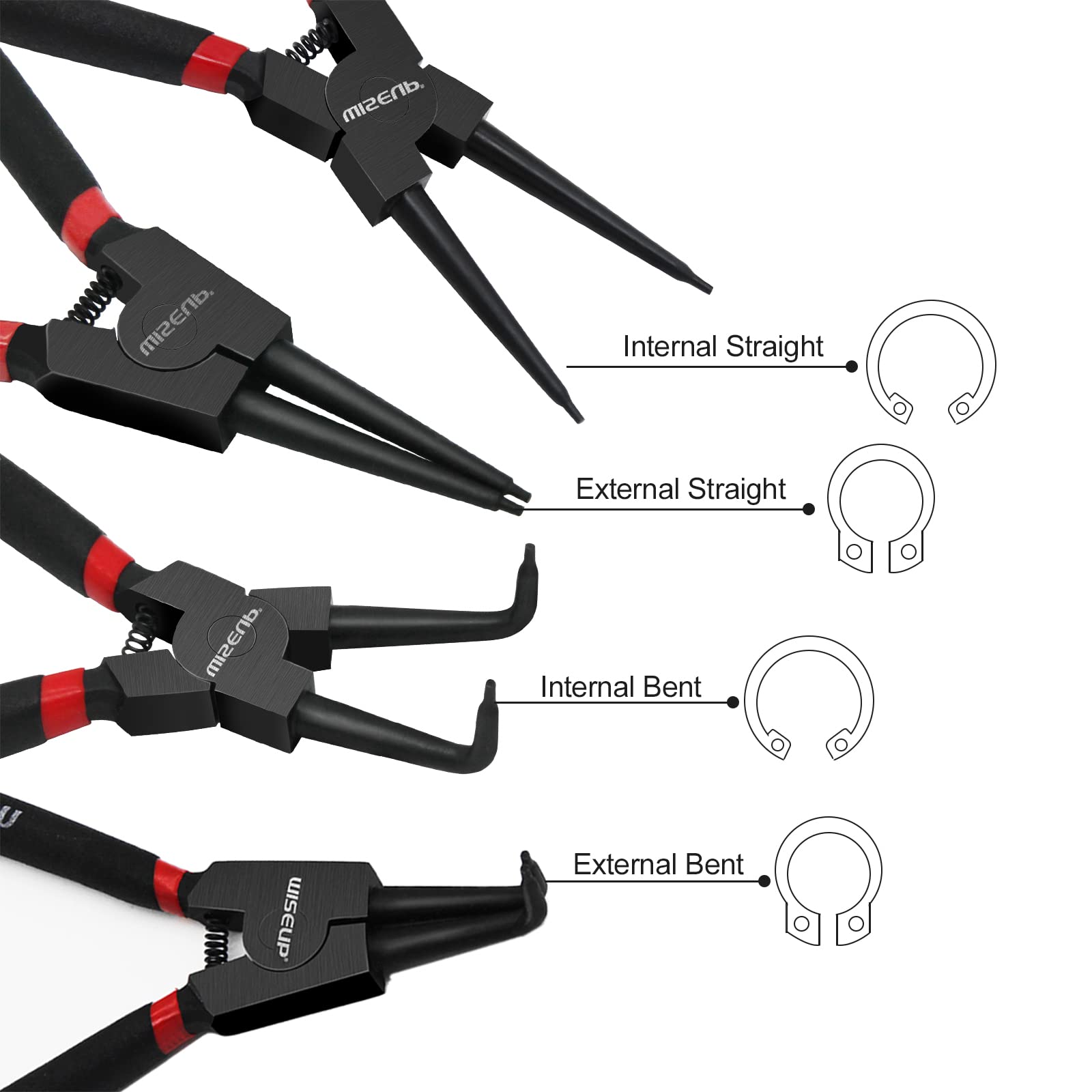 WISEUP Snap Ring Pliers Set, Heavy Duty 4PCS-7 inch Internal/External Circlip Pliers Kit, Straight/Bent Jaw Tips for C-Clip Ring Remover