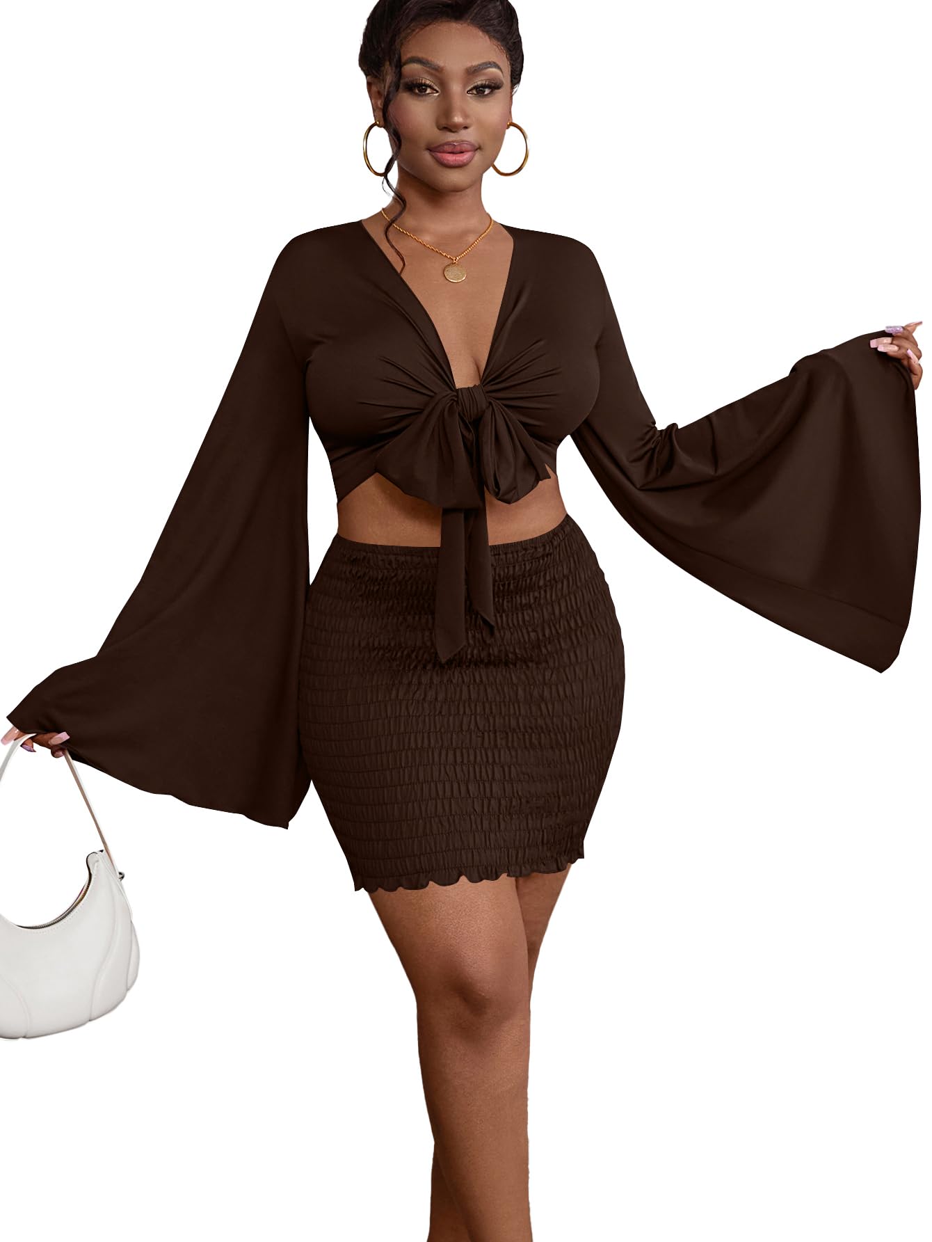 LYANER Women 2 Piece Vacation Outfits Tie Knot Front Bell Long Sleeve Crop Top and Mini Skirt Summer Set