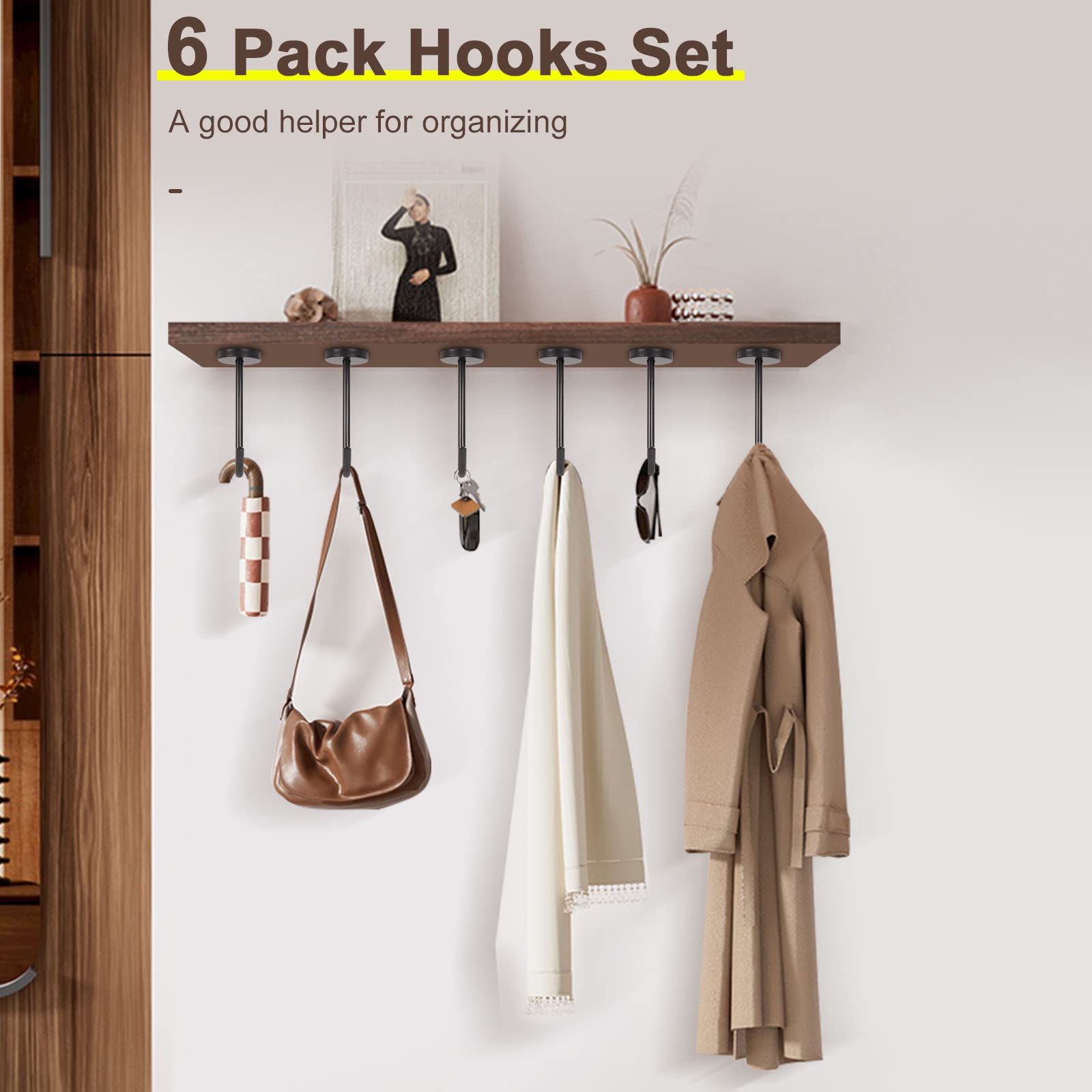 NearMoon Coat Hooks, Wall Mount Hooks for Hanging Hat Hurse Robe, 304 Stainless Steel Heavy Duty Towel Hangers for Bathroom Livingroom Kitchen-Ceiling Hook, 6 Pack (2 Inch, Brushed Nickel)