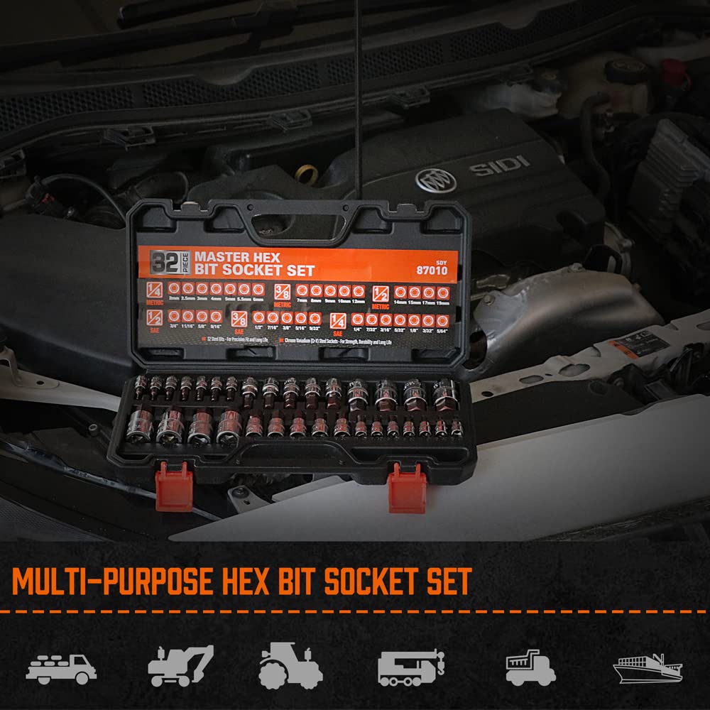 HORUSDY 1/2" Drive Shallow Impact Socket Set, 24-Piece SAE (7/16"-1") and Metric (13-24mm), 6 Point, Cr-V, Includes 1/2-Inch Drive Ratchet Handle, Drive Extension Bar
