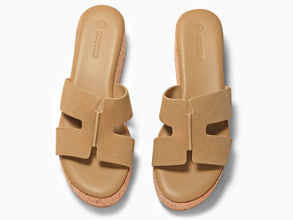 Coutgo Women's Platform Wedge Sandals Open Toe Slip On Slides Cork Heeled Cutout Comfortable Summer Shoes