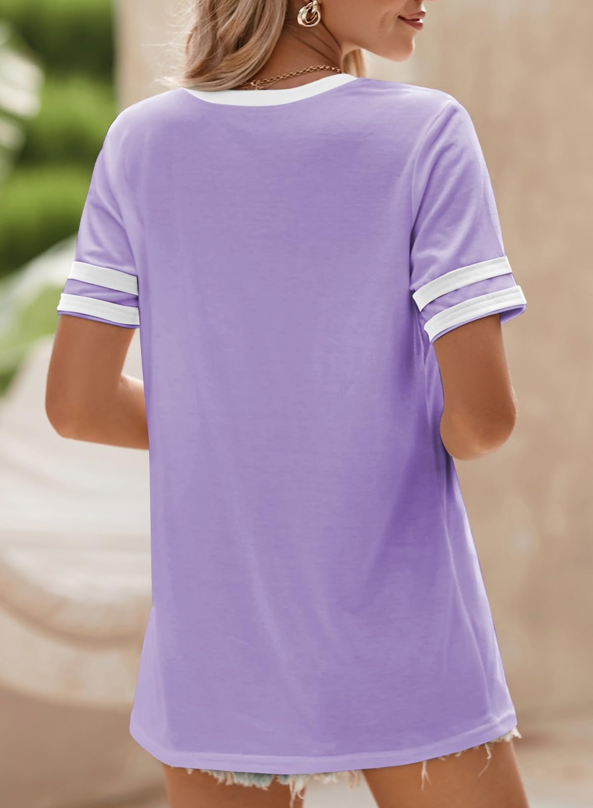 SHEWIN Women's Fashion Casual Crewneck Color Block T Shirts Short Sleeve Summer Tops Tees Slim Fit