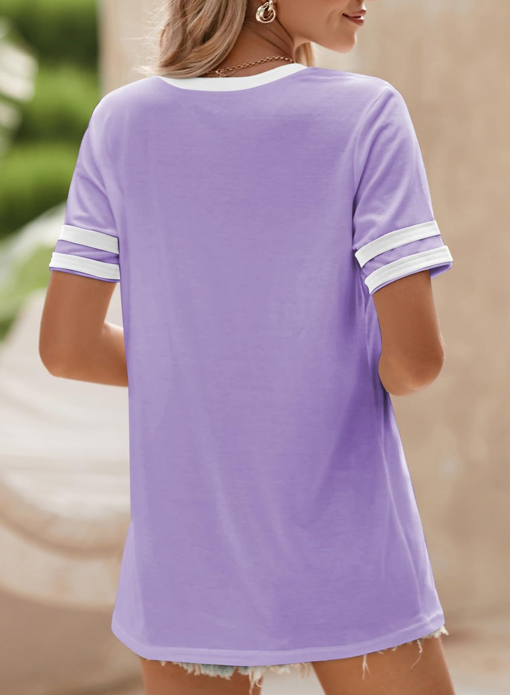 SHEWIN Women's Fashion Casual Crewneck Color Block T Shirts Short Sleeve Summer Tops Tees Slim Fit