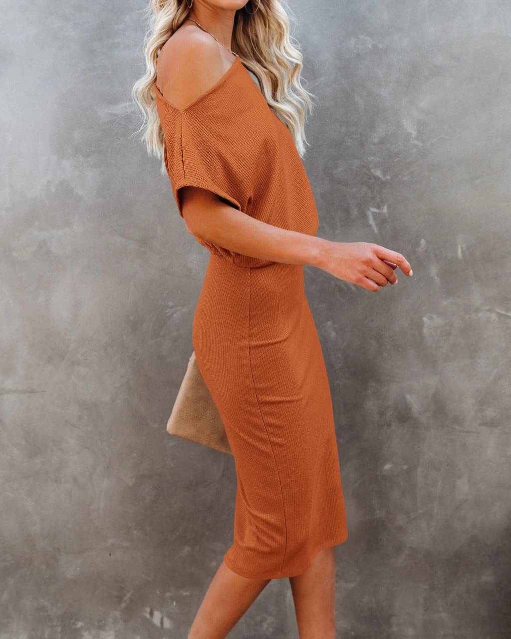 EZBELLE Women's Summer Dress Off The Shoulder Short Sleeve Ribbed Casual Party Bodycon Midi Dresses