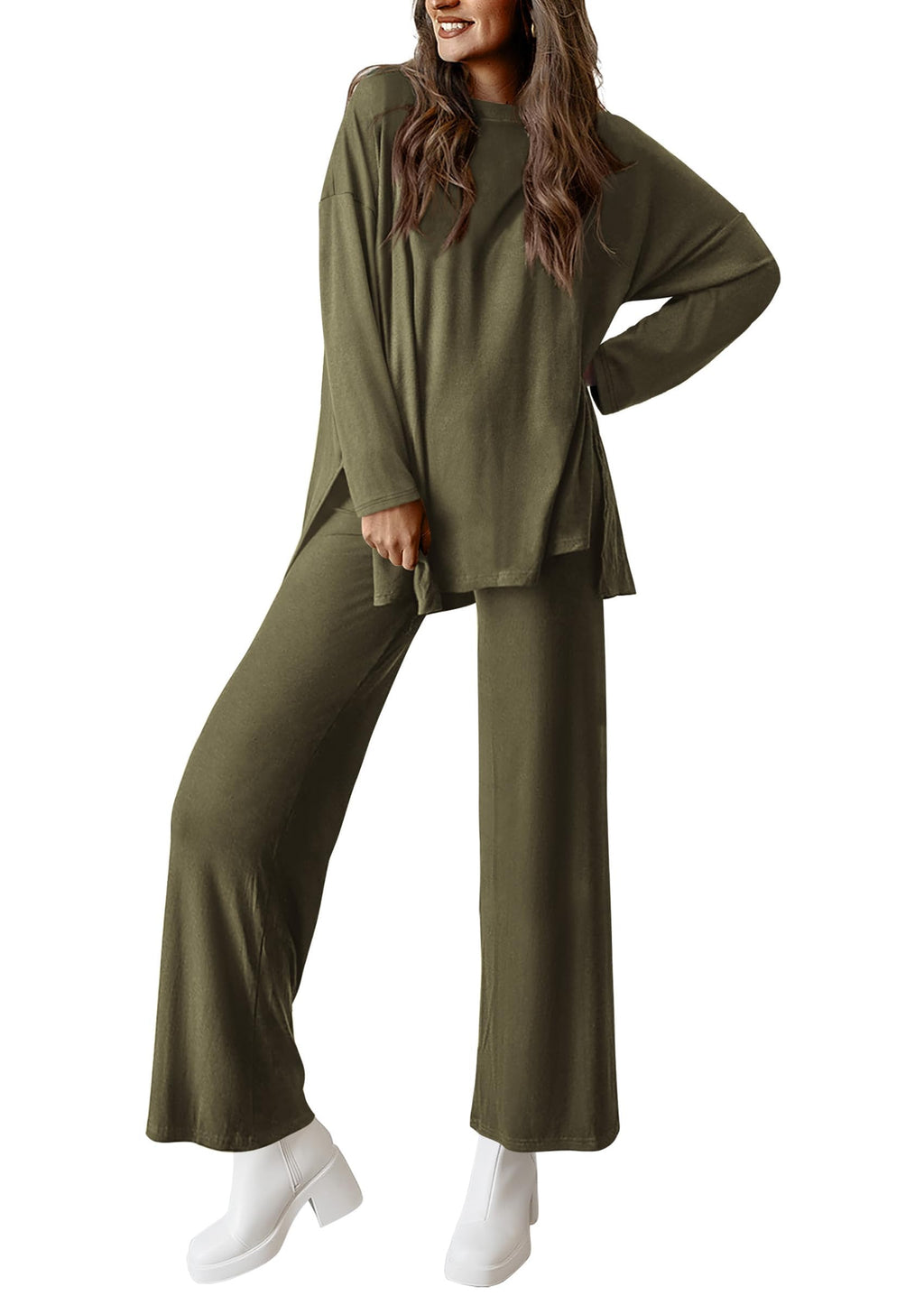 PRETTYGARDEN Women's Two Piece Lounge Sets Matching Long Sleeve Shirts Wide Leg Pants Tracksuits Travel Outfits Fall Clothes