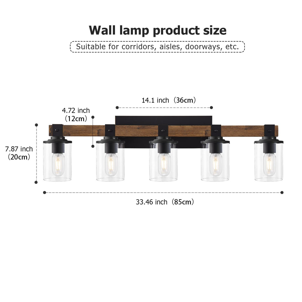 DUJAHMLAND Farmhouse Vanity Light Fixture,3-Light Bathroom Wood Wall Light Over Mirror with Clear Glass Shade, Rustic Vintage Wall Sconce Lighting.(Antique Wood, 3-Light)