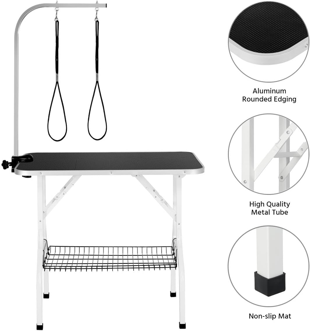 Yaheetech 36'' Dog Grooming Table, Pet Foldable Grooming Table w/Double Loops/Mesh Tray/Adjustable Arm, Black