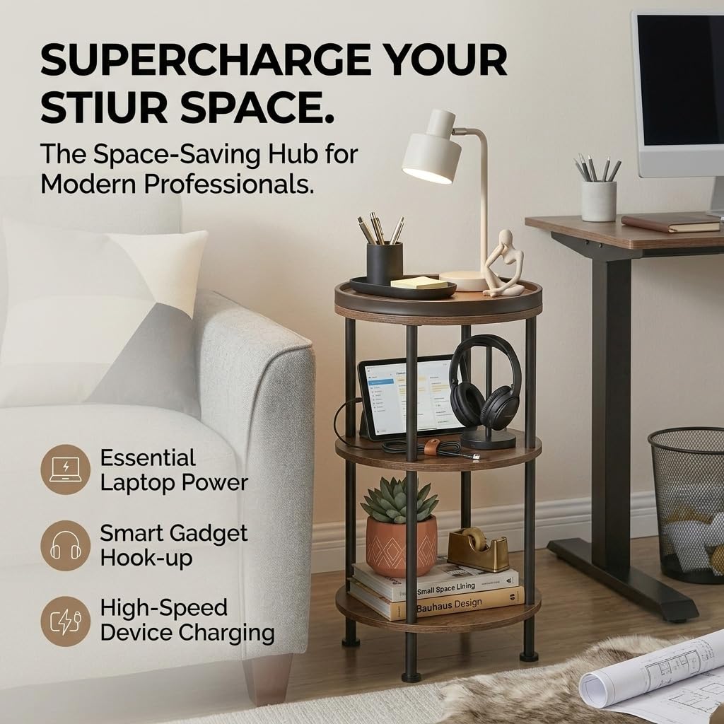 Small Round Side Table with Charging Station for Small Spaces, 3-Tier Accent Table with USB Ports & Power Outlets, Sofa Corner Tea Table for Living Room Nightstand Bedroom Apartment (Black)