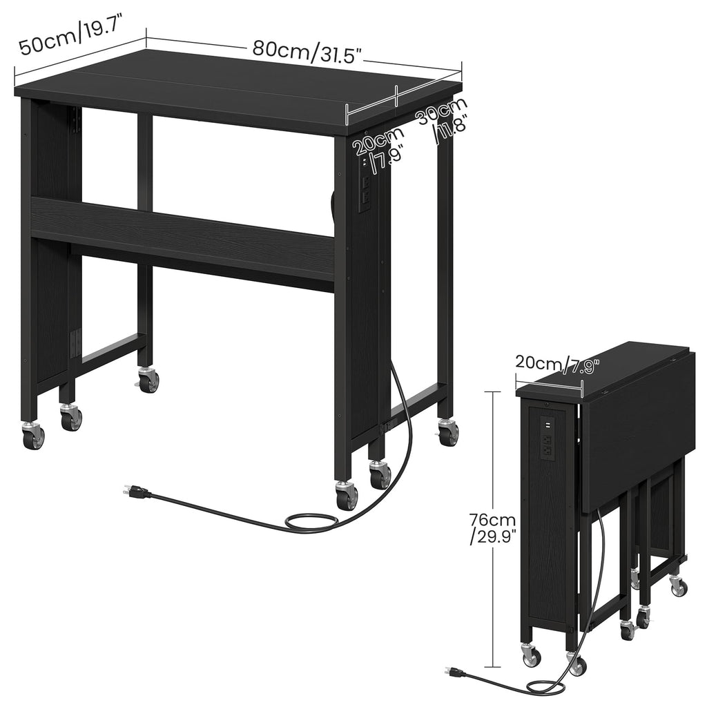 CHOEZON Folding Desk with Power Outlets, 31.5" Rolling Computer Table with Wheels, Portable Office Desk with Storage Shelf for Small Spaces Black TDN01UBB