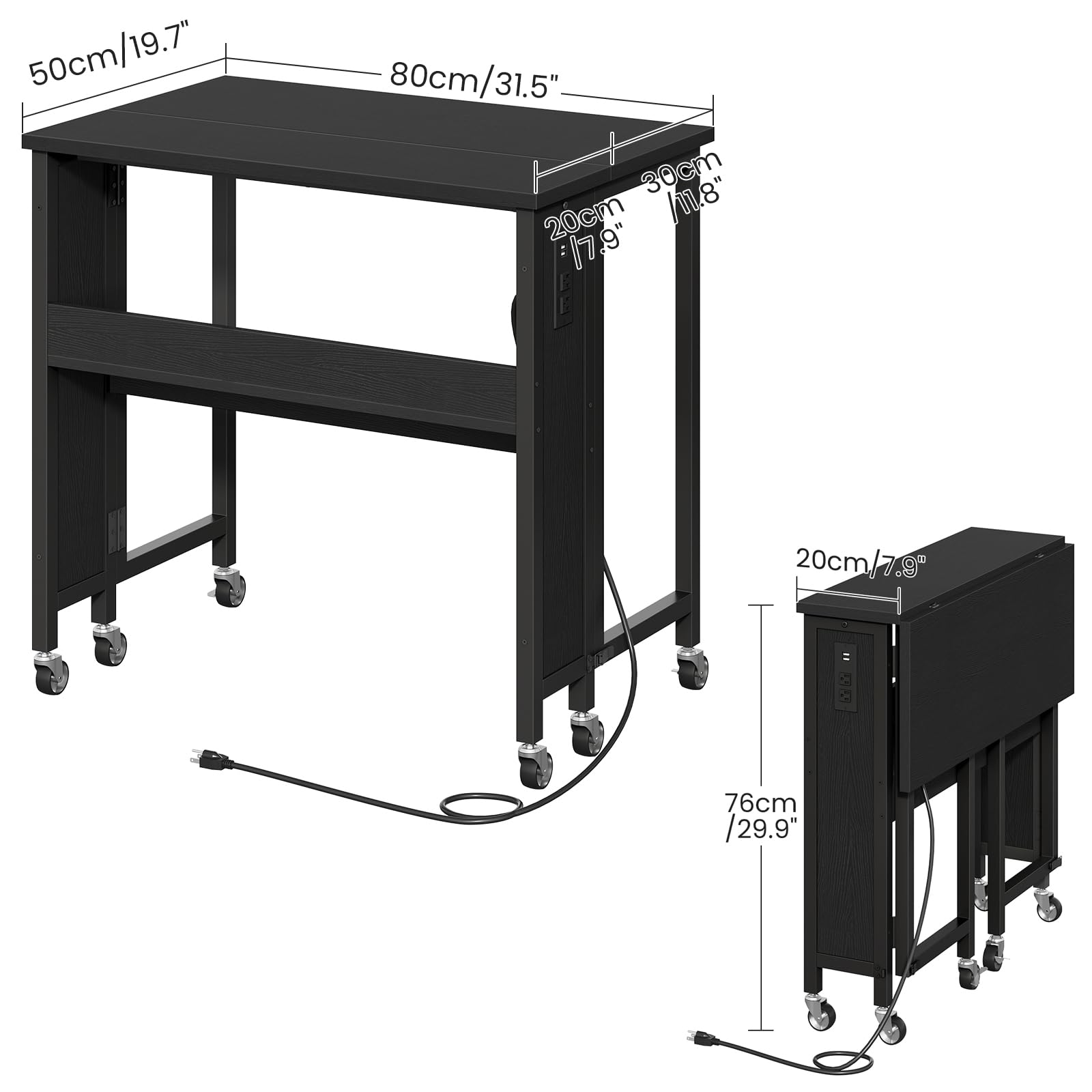 CHOEZON Folding Desk with Power Outlets, 31.5" Rolling Computer Table with Wheels, Portable Office Desk with Storage Shelf for Small Spaces Black TDN01UBB
