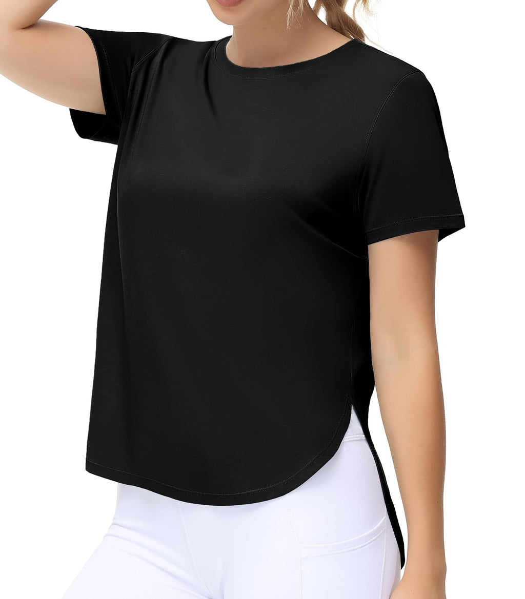 THE GYM PEOPLE Women's Workout T-Shirts Loose Fit Short Sleeve Cotton Running Basic Tee Tops with Split Hem