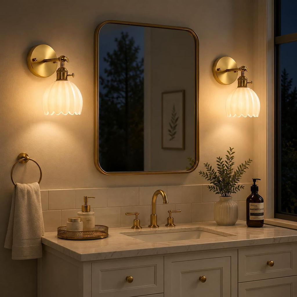 1-Light Gold Brass Bathroom Light Fixture,Wall Sconces set of 2,Brushed Gold Vanlity Light Over Mirror,Bathroom Vanity Light with White Tulip Glass Flower Shade,E26 Socket(Bulbs Not Included)
