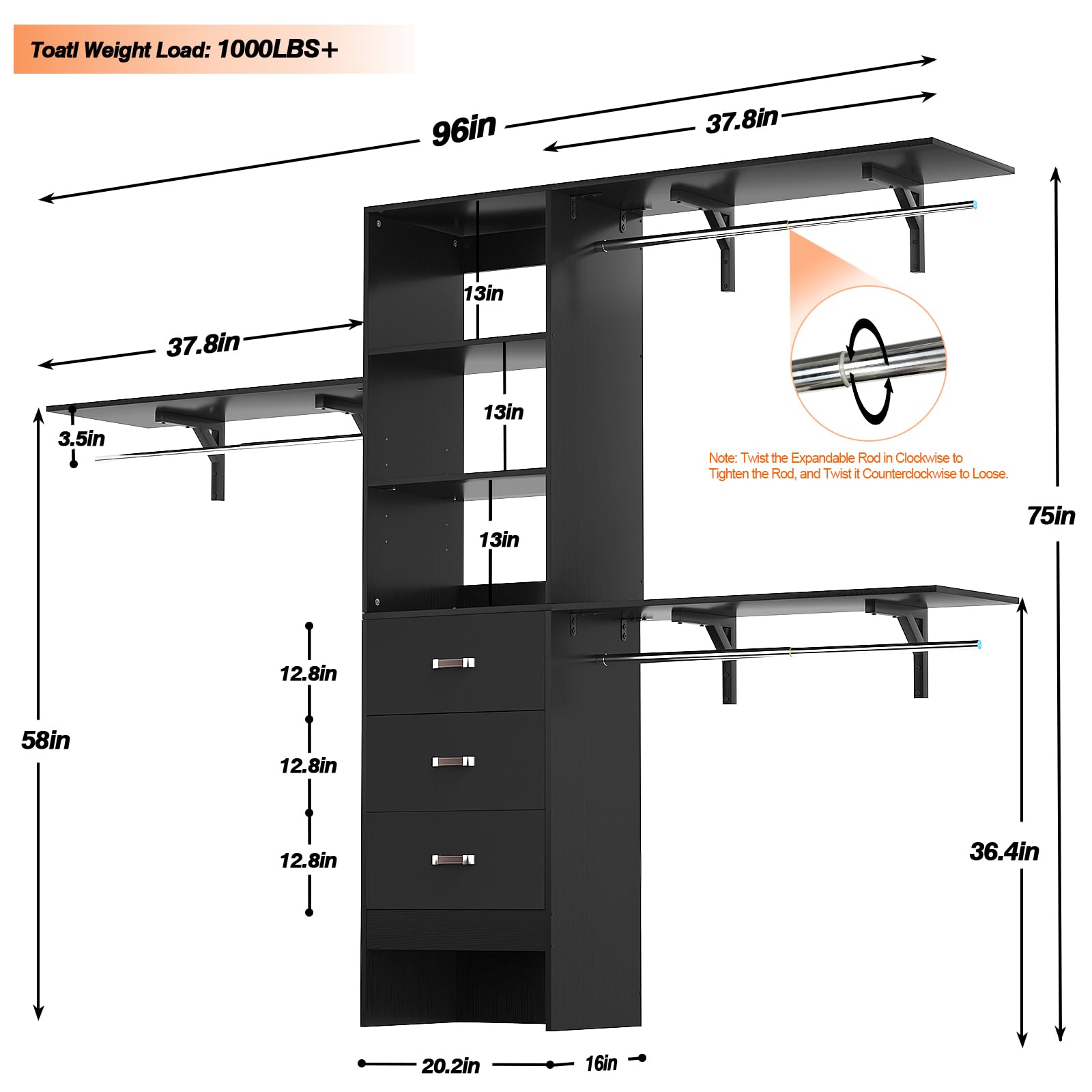 iSunirm 8FT Closet System, 96'' Closet Organizer System with 3 Hanging Rods, Wall Mount Bedroom Wardrobe with 3 Drawers Walk-in Closet, Adjustable Cloth Garment Rack from 5 to 8FT (Cut to Fit), Black