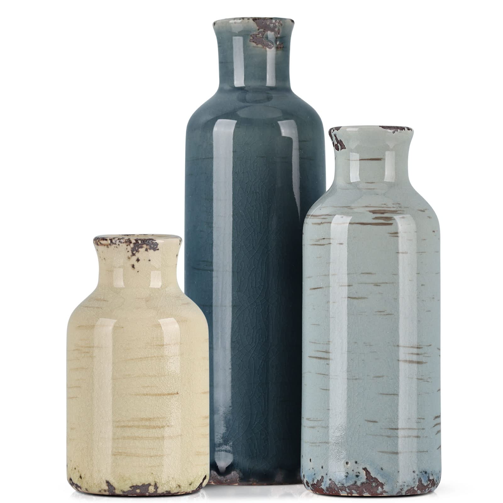 Ceramic Vase Set - 3 Ceramic Small Vases, Farmhouse Country Flower Vase Home Decor, Living Room Decoration, Table Decoration, Fireplace Decor, and Entrance Decorations Centerpieces