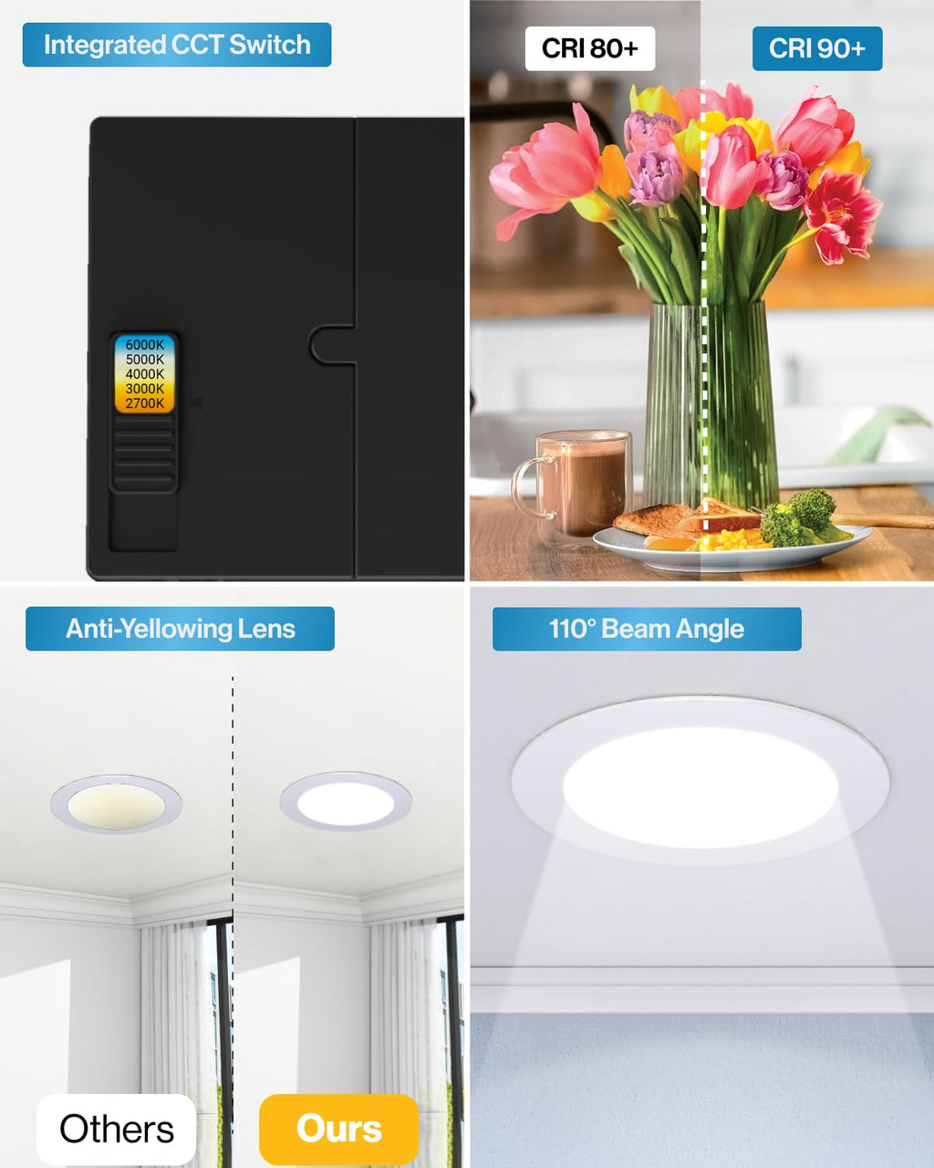 Sunco 100 Pack 4 Inch LED Recessed Lights, Canless Ceiling Light Slim, 650 LM, 10W, Selectable CCT 2700K/3000K/4000K/5000K/6000K, Dimmable, Wafer Thin, with Junction Box ETL.