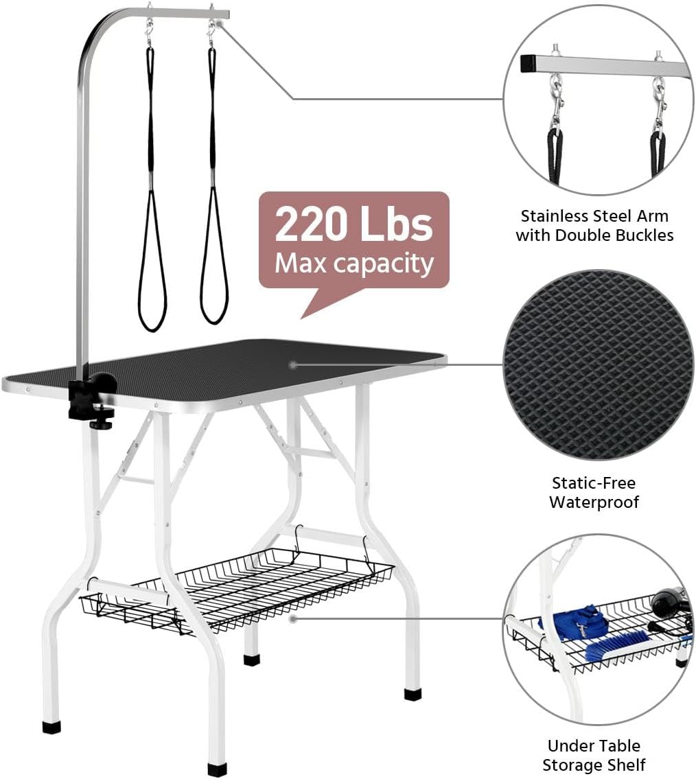 Yaheetech 36'' Dog Grooming Table, Pet Foldable Grooming Table w/Double Loops/Mesh Tray/Adjustable Arm, Black