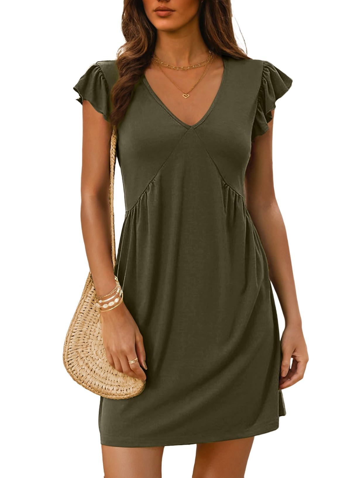 Dokotoo Women's Summer Dresses Beach 2026 Casual Deep V Neck Loose Sundress Ruffle Sleeve Mini Dress