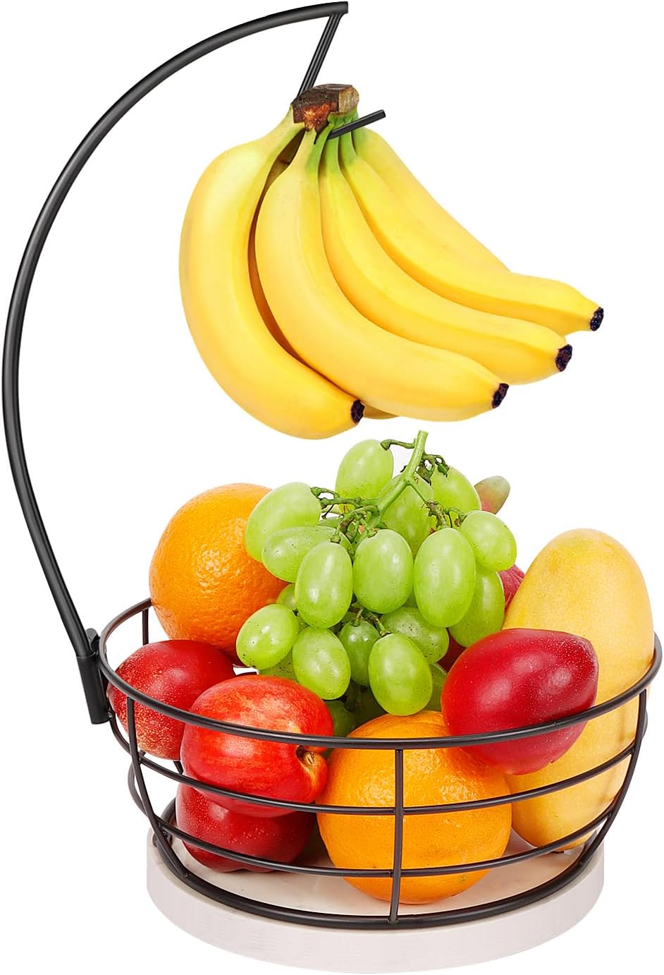 Countertop Fruit Basket Bowl with Banana Hanger, Modern Standing Fruit Vegetable Bowl Storage, with Banana Tree Holder for Kitchen Dinning Table (Round Marble, Black)