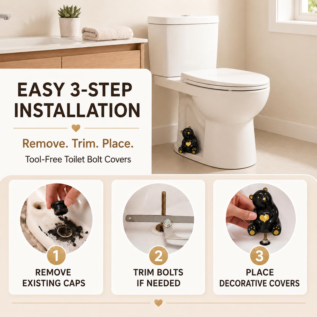 MENNTY Black Polar Bear Toilet Bolt Covers Decorative - 2 Glossy Black Ceramic Toilet Bolt Caps + 4 Universal Toilet Caps for Bottom of Toilet, Modern Monochrome Bathroom Decor