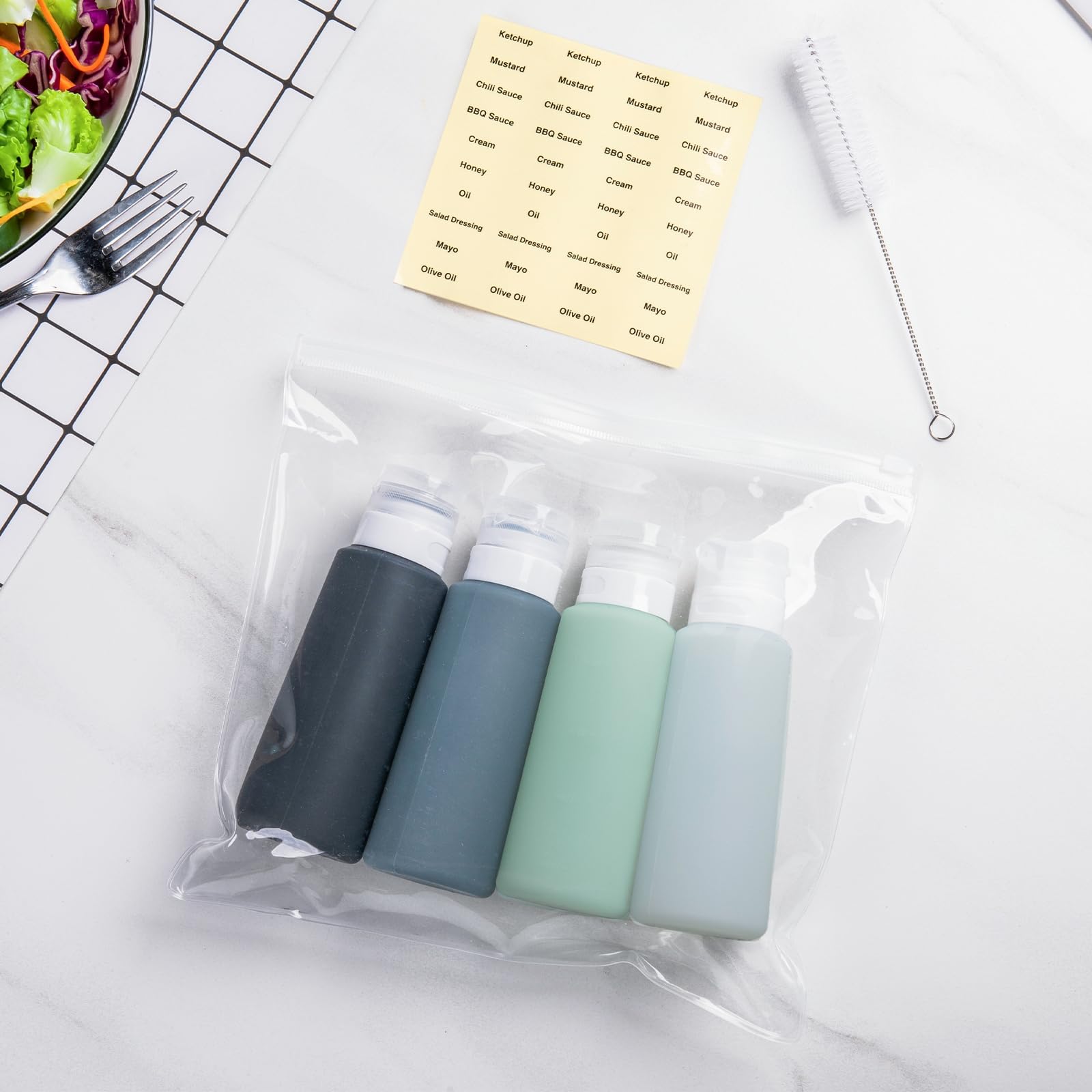 MICEBAY Condiment Squeeze Bottles for Sauces, 1-oz Mini Silicone Salad Dressing Container to Go with Snack Storage Bag, Leakproof Sauce Bottles for Lunch Box, 4 Pack, Blue