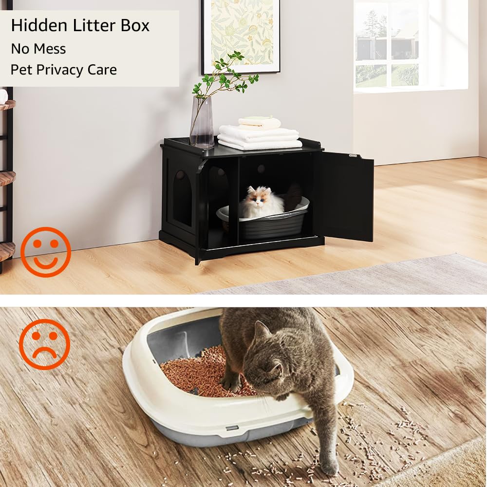 unipaws Extra Large Cat Litter Box Enclosure for Self-Cleaning & Automatic Litter Boxes, Tall Cabinet with Charging Station, Wooden Dog Proof Hidden Cat House for Top Entry Litter Box