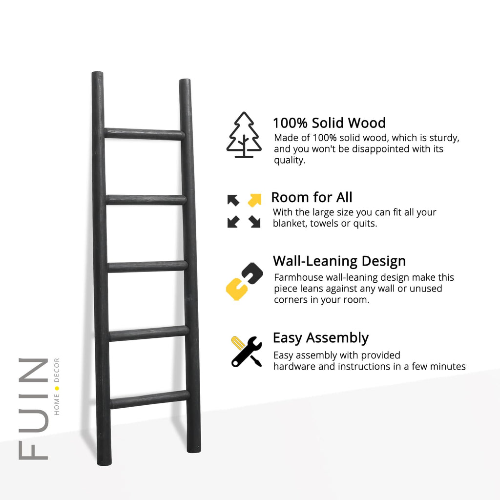 FUIN 57in Wood Blanket Ladder Living Room Decorative Wall Leaning Farmhouse Quilt Display Holder Rustic Wooden Towel Rack for Bathroom, Black