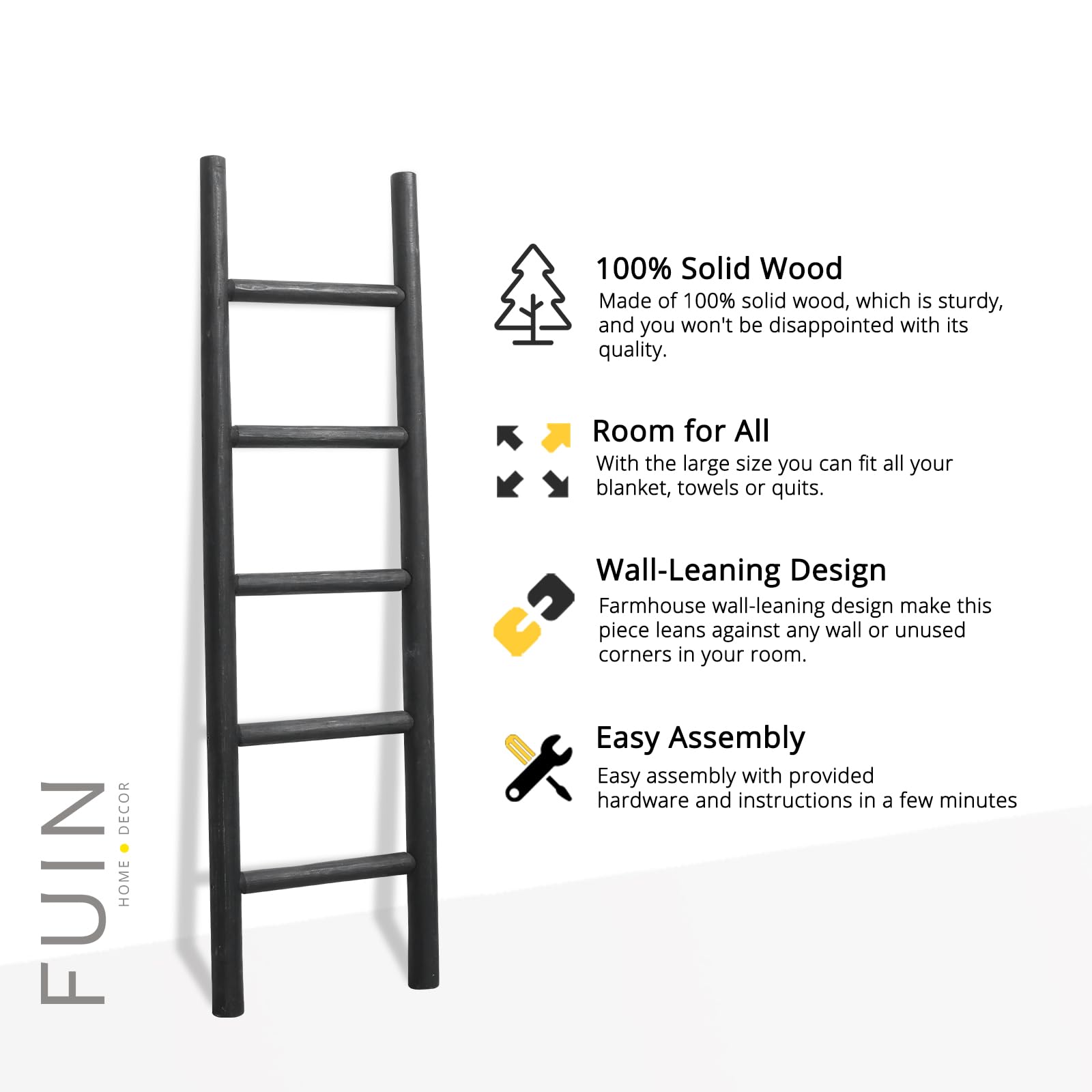 FUIN 57in Wood Blanket Ladder Living Room Decorative Wall Leaning Farmhouse Quilt Display Holder Rustic Wooden Towel Rack for Bathroom, Black