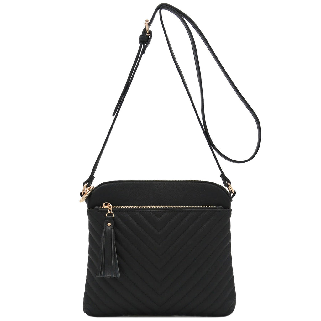 FashionPuzzle Chevron Quilted Medium Crossbody Bag with Tassel Accent